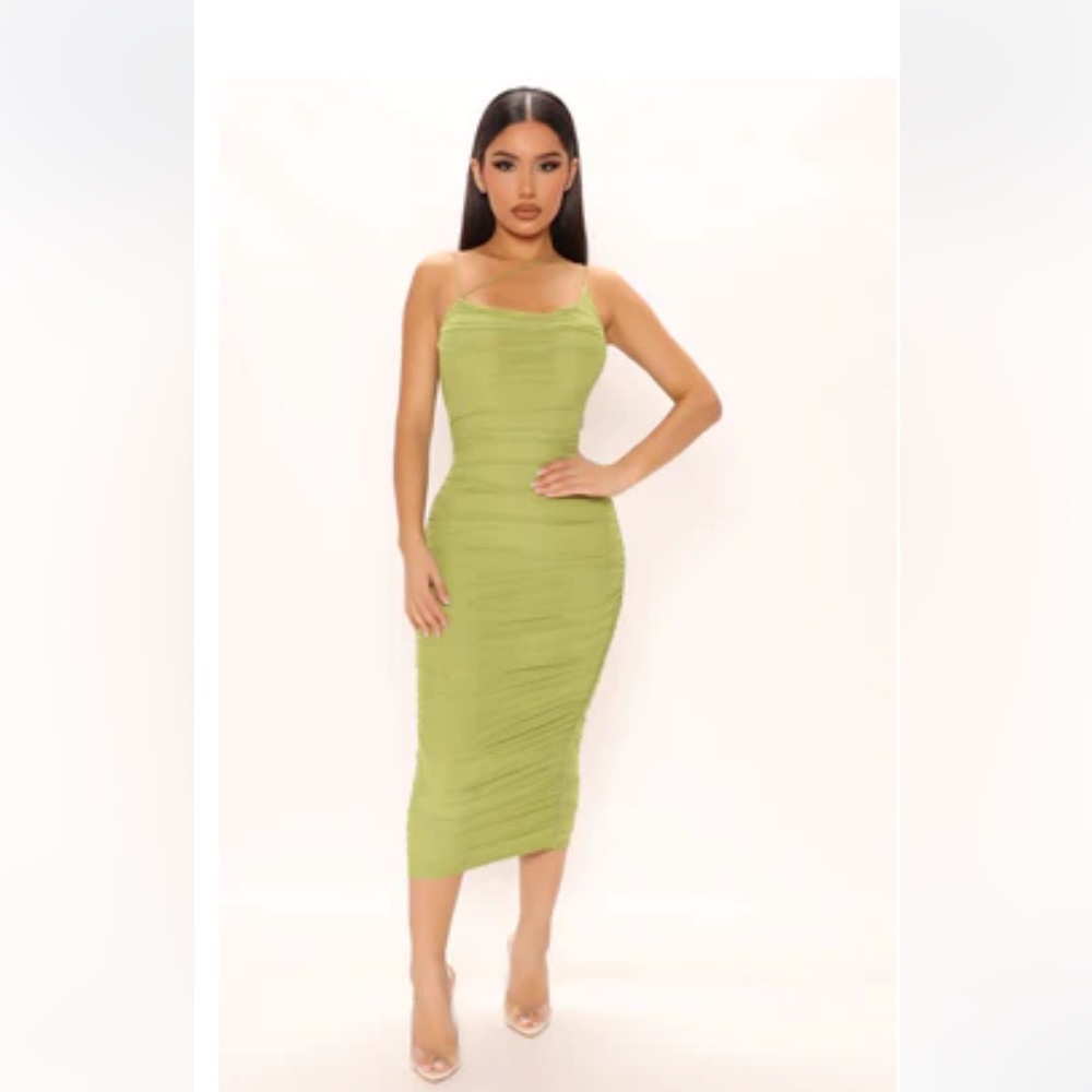 🔴SOLD🔴NWT - Sexy Olive Meshed Ruched Midi Dress